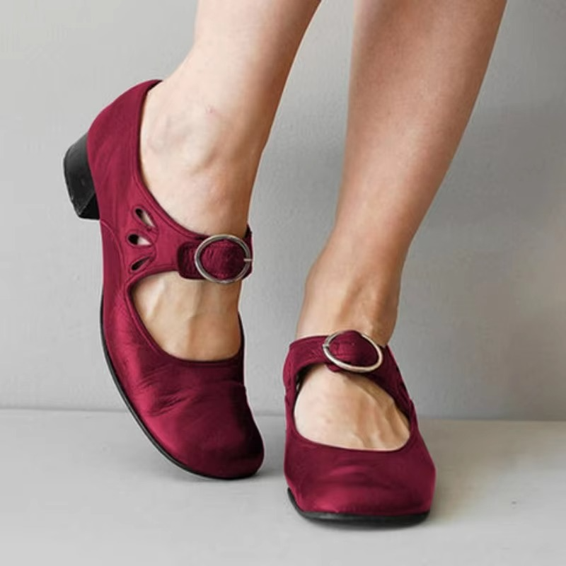 Women's retro low heel dress shoes in classic PU leather with buckle strap and soft sole