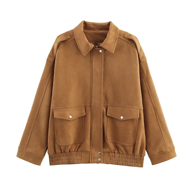 Women's streetwear bomber jacket structured silhouette snap buttons flap pockets urban casual style