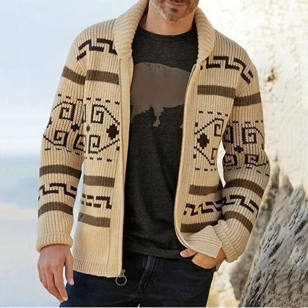Men's vintage jacquard knit cardigan with shawl collar and full zipper closure for layered warmth