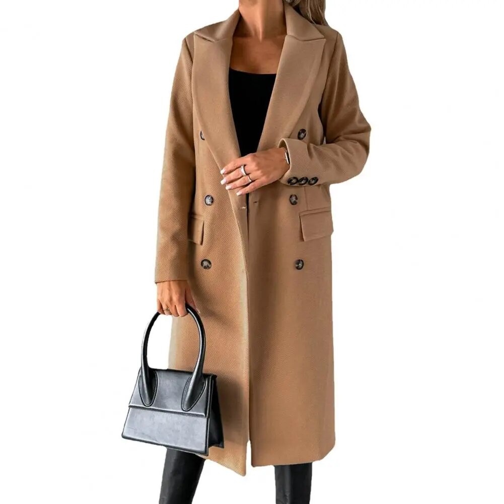 Women's double-breasted winter trench coat with structured lapels, polished classic silhouette