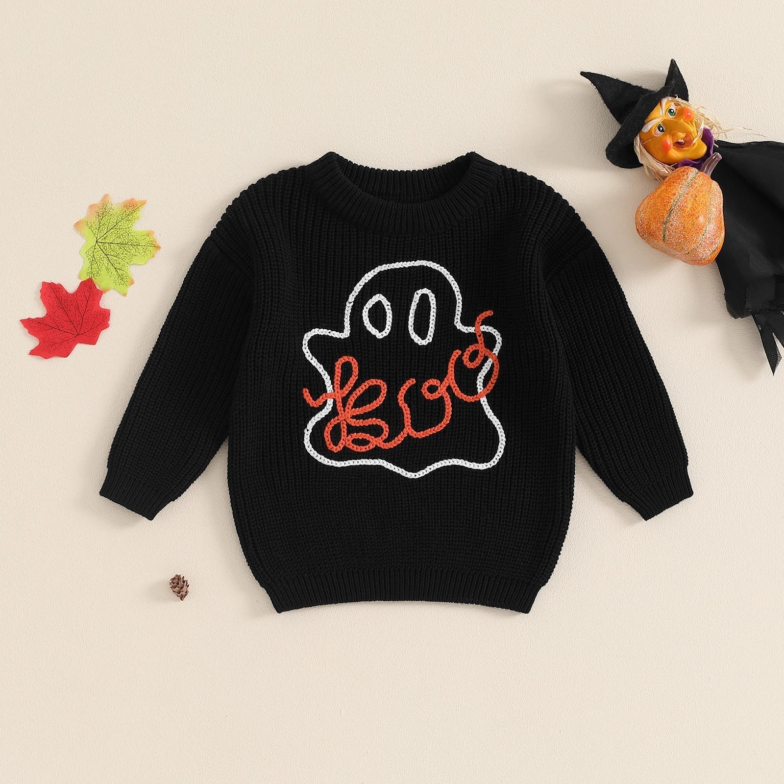 Kids Halloween knit sweater long sleeve with pumpkin ghost embroidery cozy breathable fall design