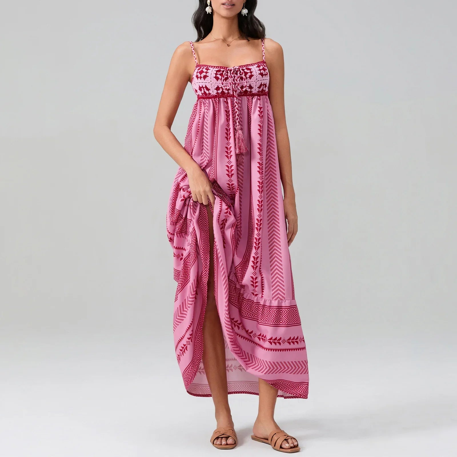Bright pink maxi sundress with crocheted smocked bodice, lightweight breathable polyester for summer