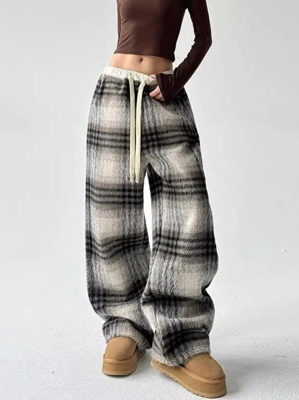 Unisex plaid joggers fuzzy brushed exterior loose draped dark monochrome streetwear knit pants