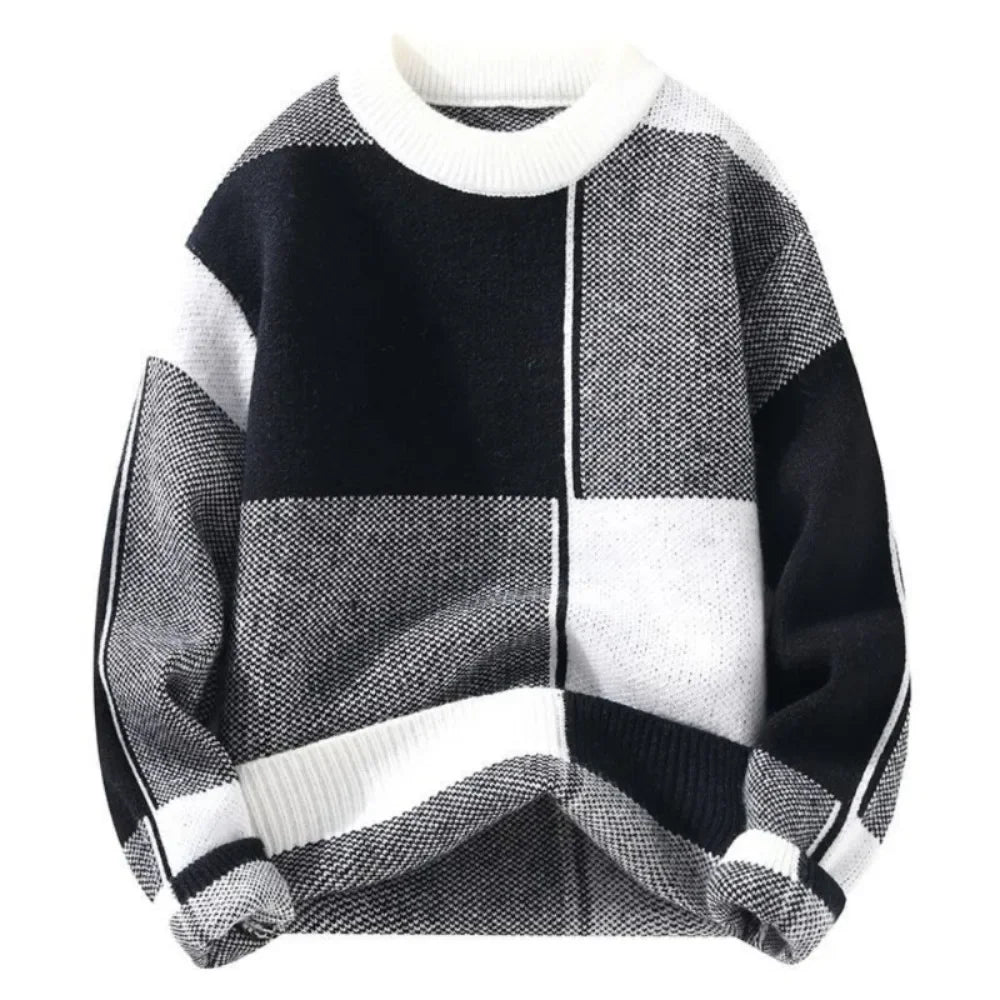 Women's colorblock knit sweater geometric patchwork design cozy relaxed fit transitional layering
