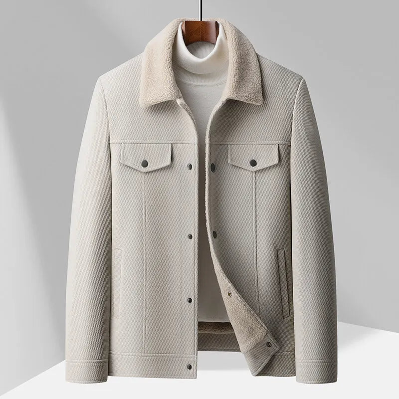Men's Nordic sherpa jacket wool-blend warm lightweight insulated lining luxe lapel collar