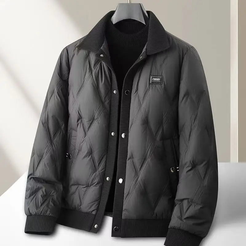 Men's black quilted bomber jacket with ribbed collar, hip-length cut and side pockets
