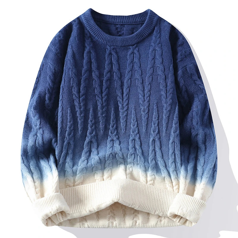 Women's ombre cable knit sweater with gradient color transition and classic raised cable pattern