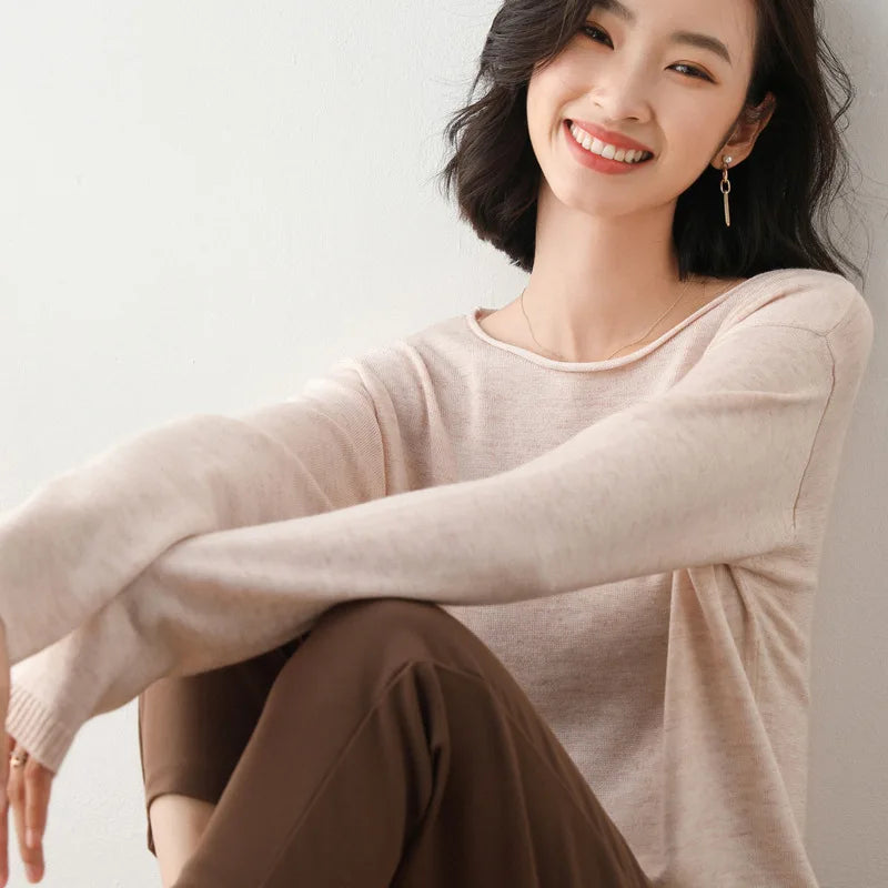 Women's mist blue fine-gauge knit top breathable cotton blend smooth bound neckline layering essential