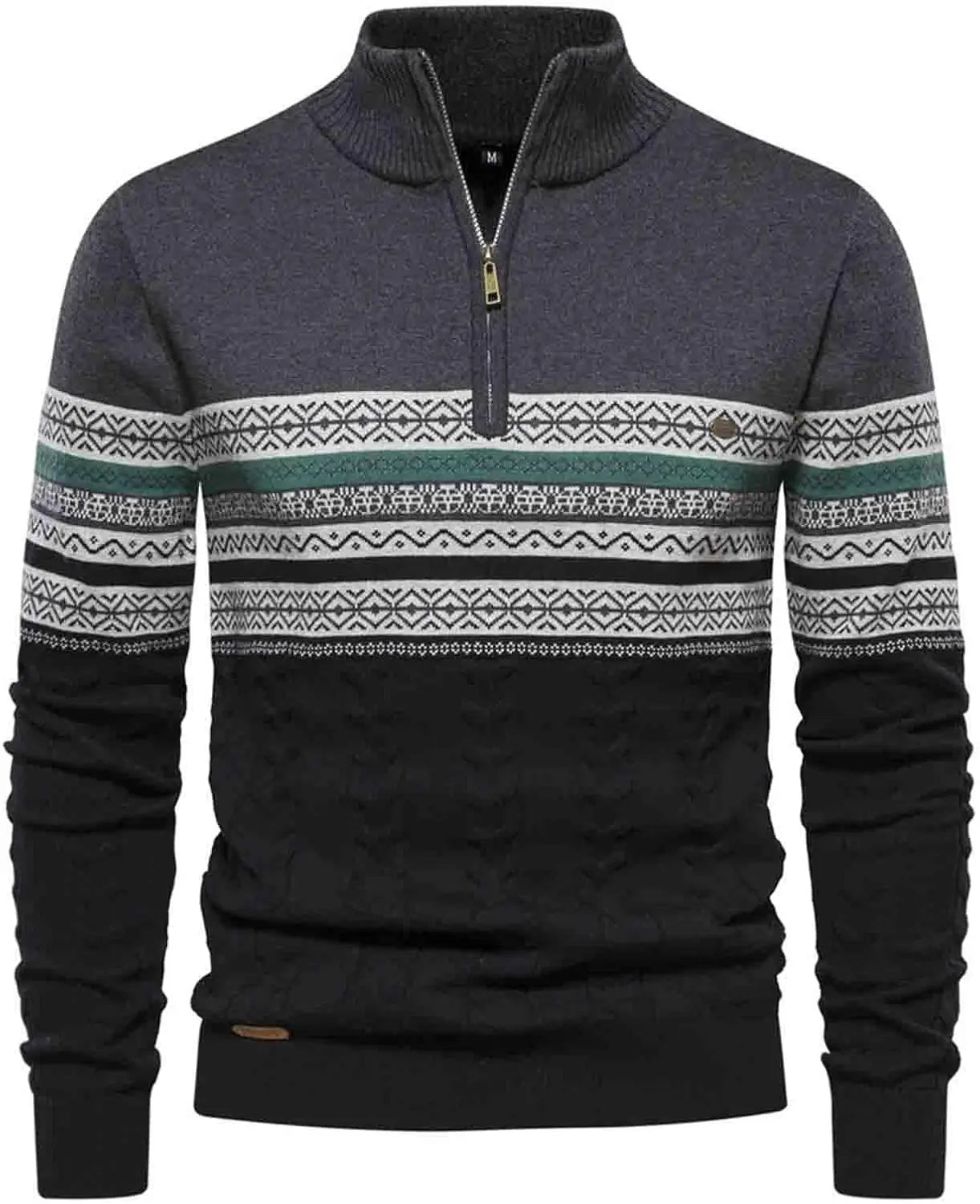 Men's olive green quarter zip sweater with stand-up collar and refined patterned knit for versatile style