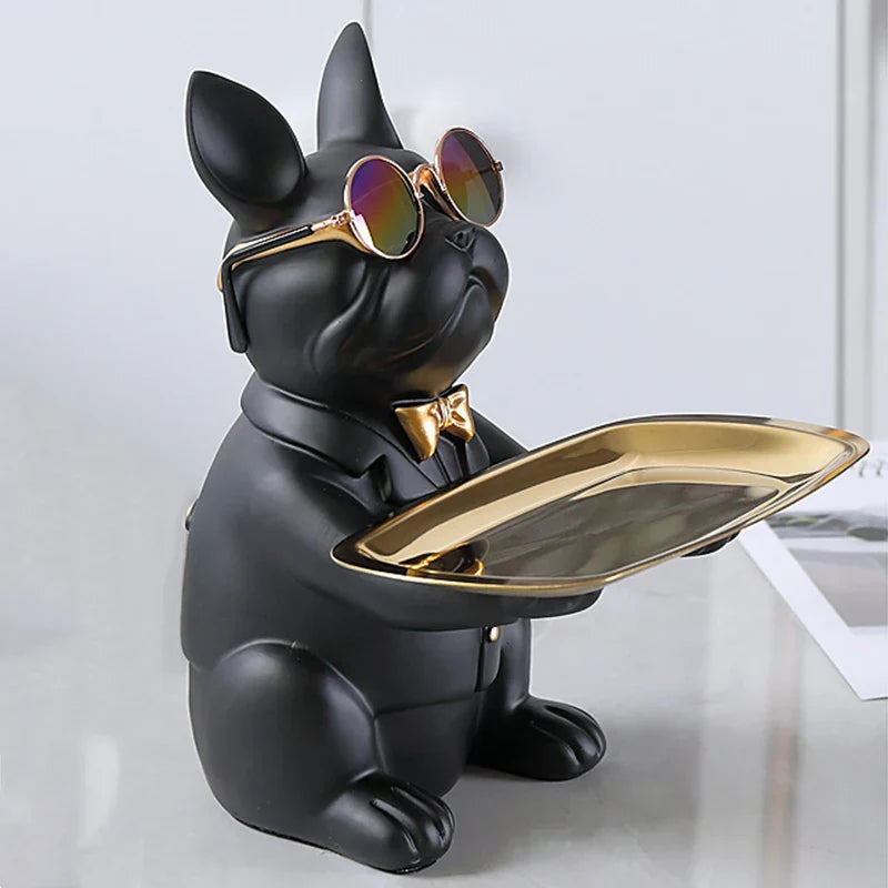 Resin bulldog figurine tray with gold bow tie, contemporary desk organizer for keys and jewelry