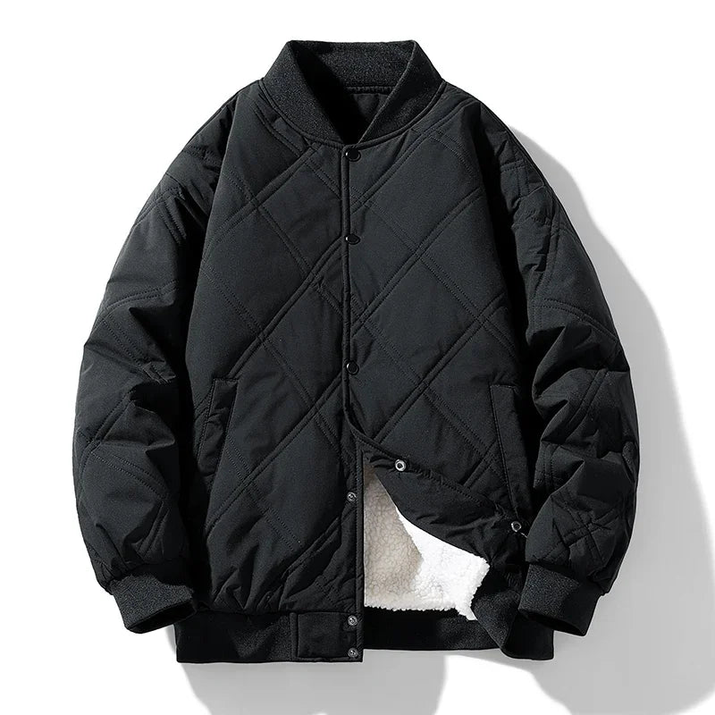 Men's black diamond quilted bomber jacket with fleece lining, snap pockets, and insulated comfort