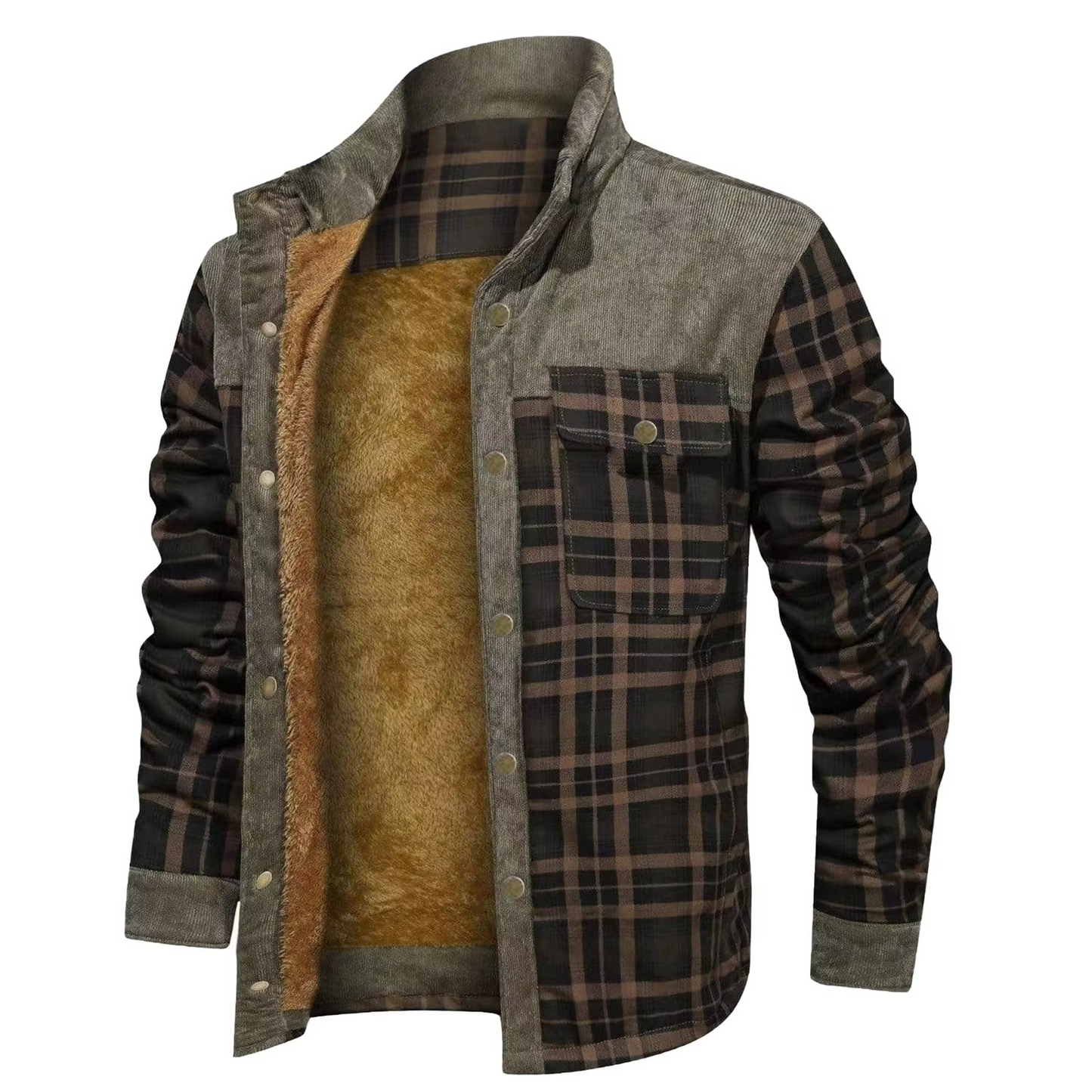 Men's wool-lined flannel plaid hooded shirt jacket, rugged outdoor layering piece with button front closure