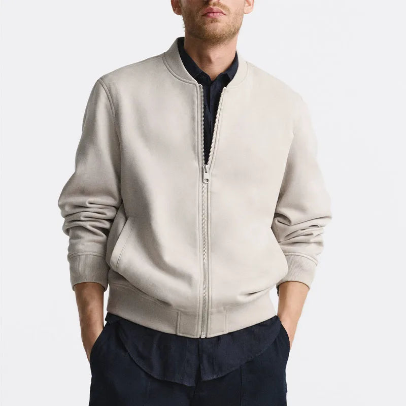 Men's brown suede bomber jacket tailored fit with soft inner lining, smart-casual style
