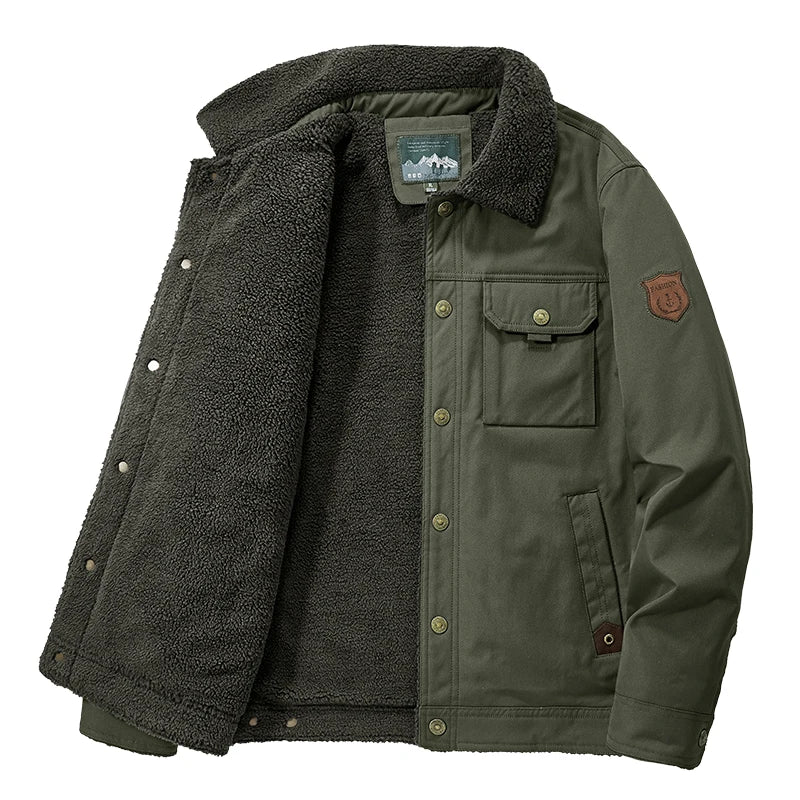 Lightweight insulated sherpa-lined jacket with ranger collar, functional pockets, structured outdoor shell