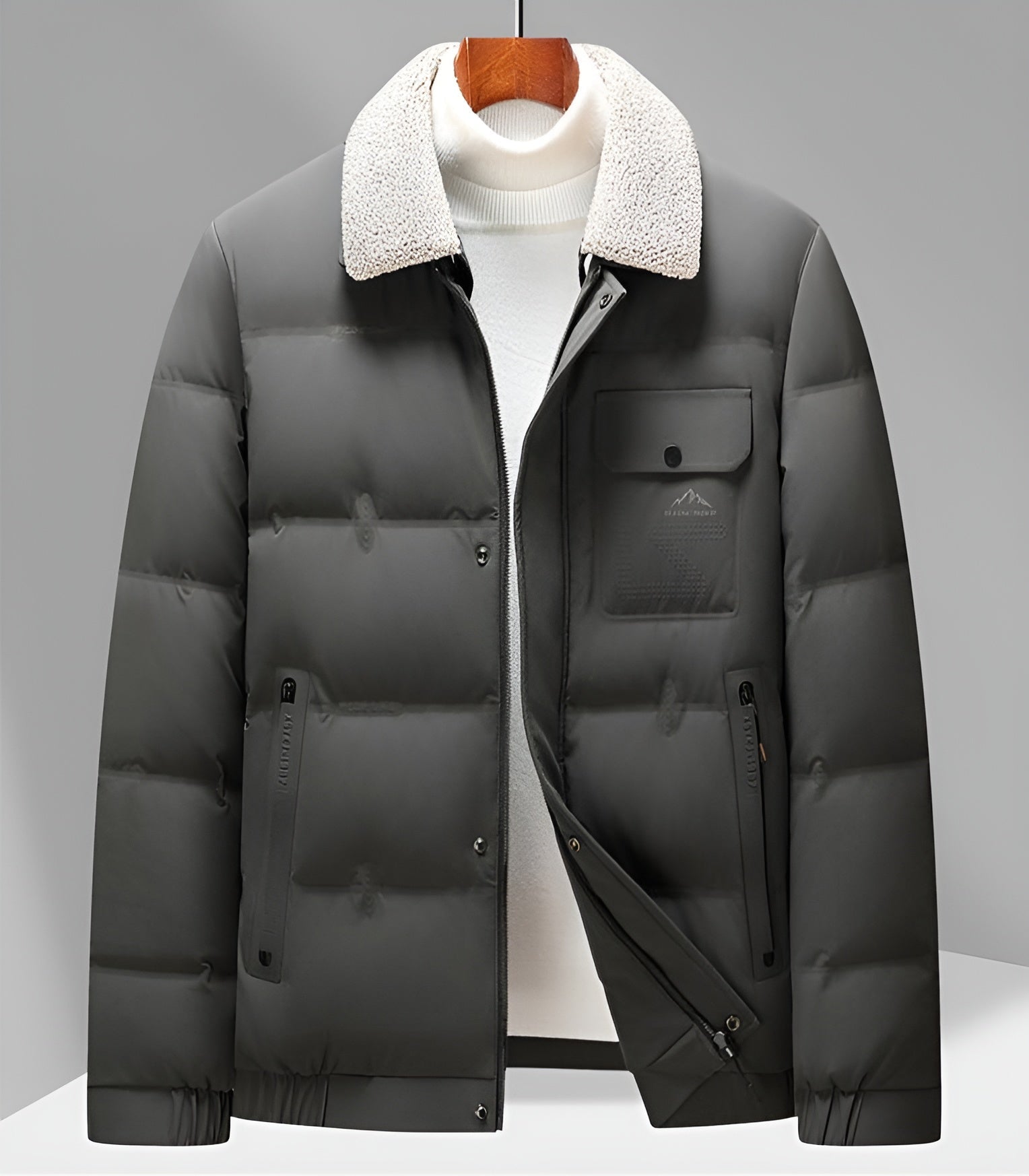 Men's lightweight matte dark jacket with detachable white sherpa collar, slim refined fit