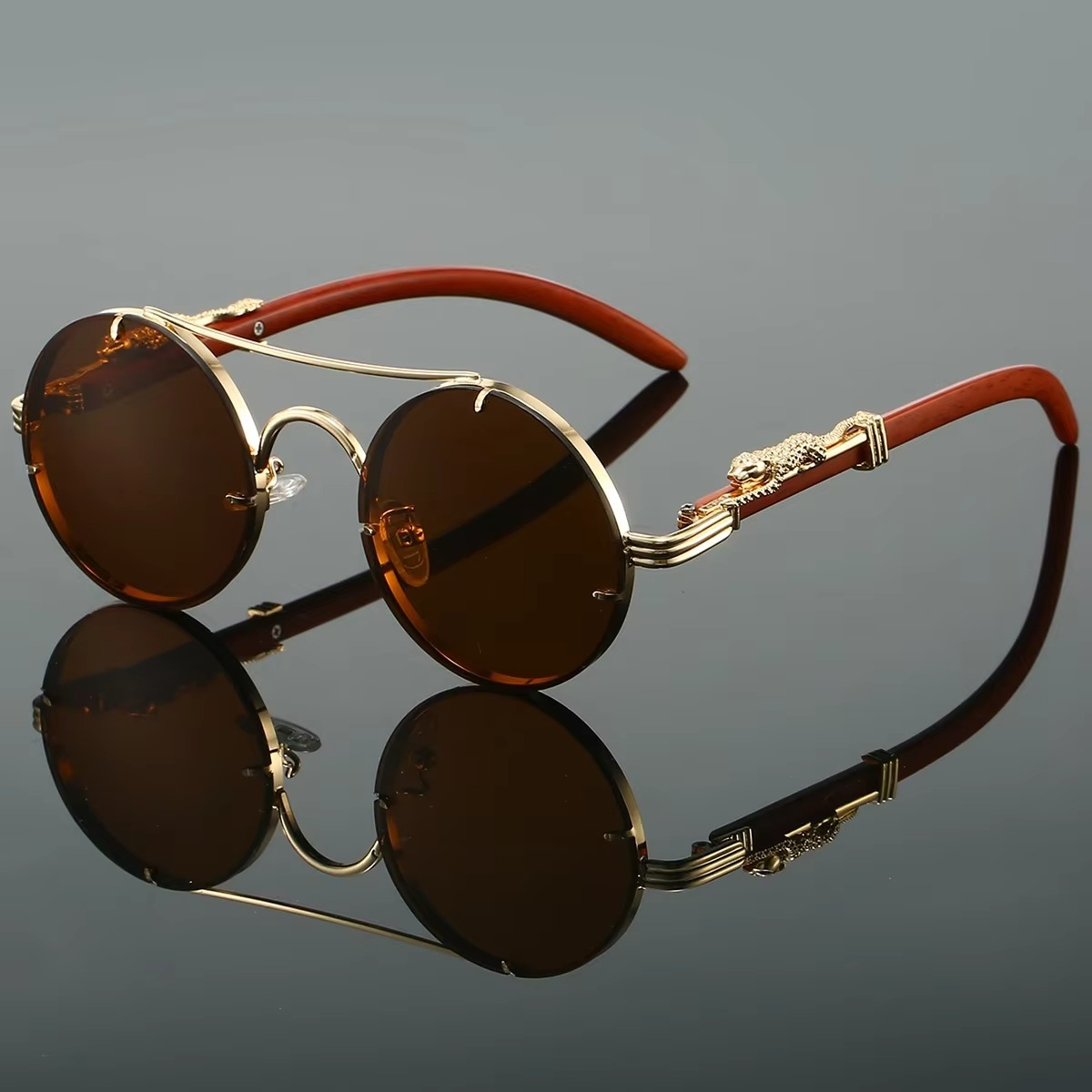 Vintage round unisex sunglasses gold double bridge frame red tinted lenses featherweight