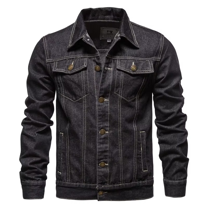Men's slim fit vintage washed denim jacket with motorcycle-inspired details in classic blue