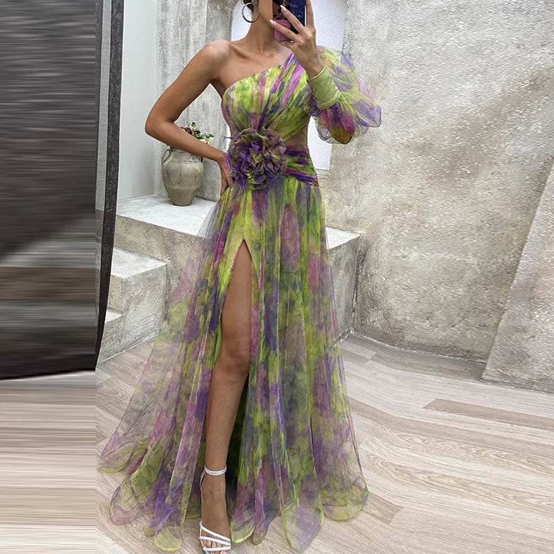 Floral tulle off-shoulder gown with airy layered skirt, fitted bodice, elegant spring wedding dress
