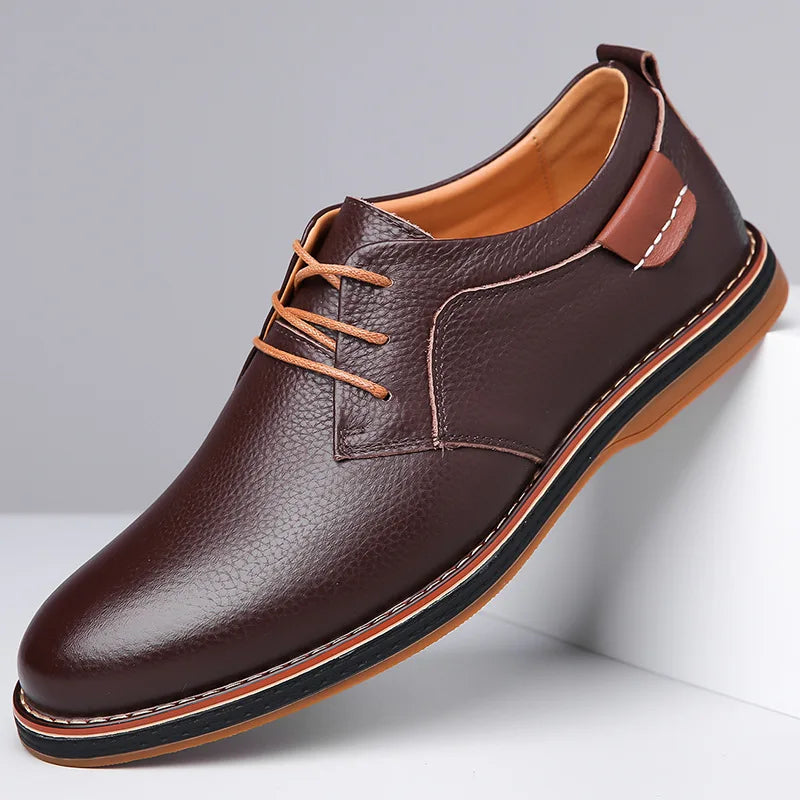 Men's brown split leather Derby dress shoes low arch EVA insole all-day comfort classic silhouette