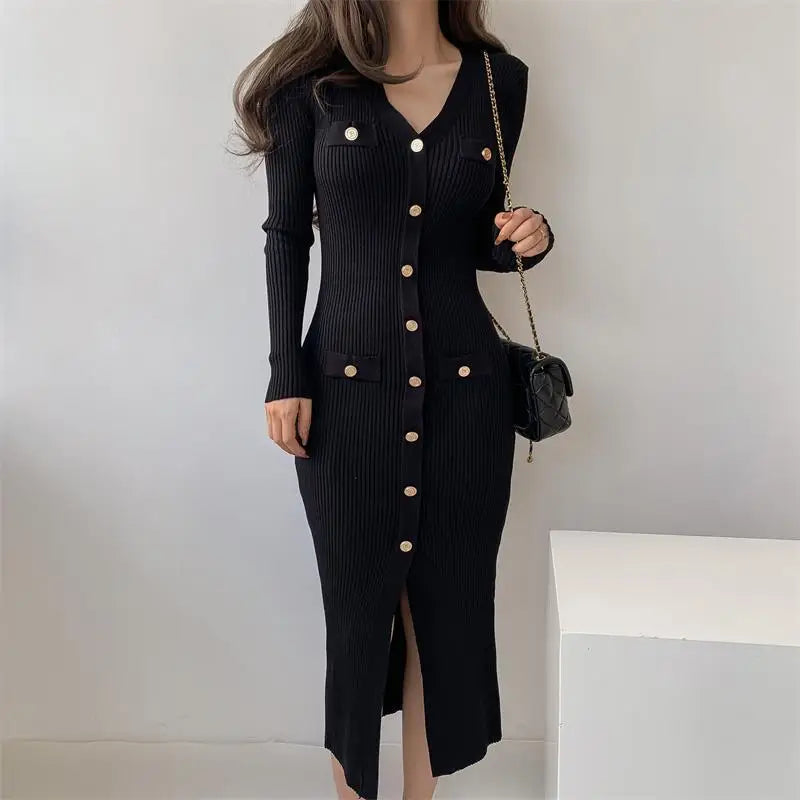 Women's slim fit midi knit dress in versatile neutral tone, knee-length silhouette with sleek bodycon cut