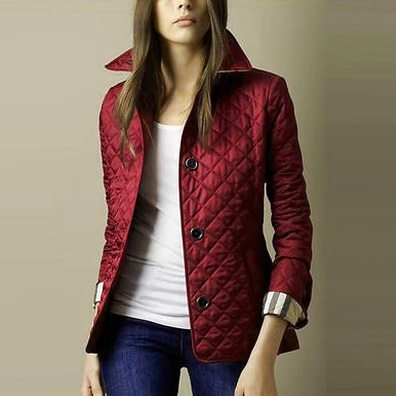 Women's slim tailored winter lapel coat with quilted cotton fill, polished silhouette and side pockets
