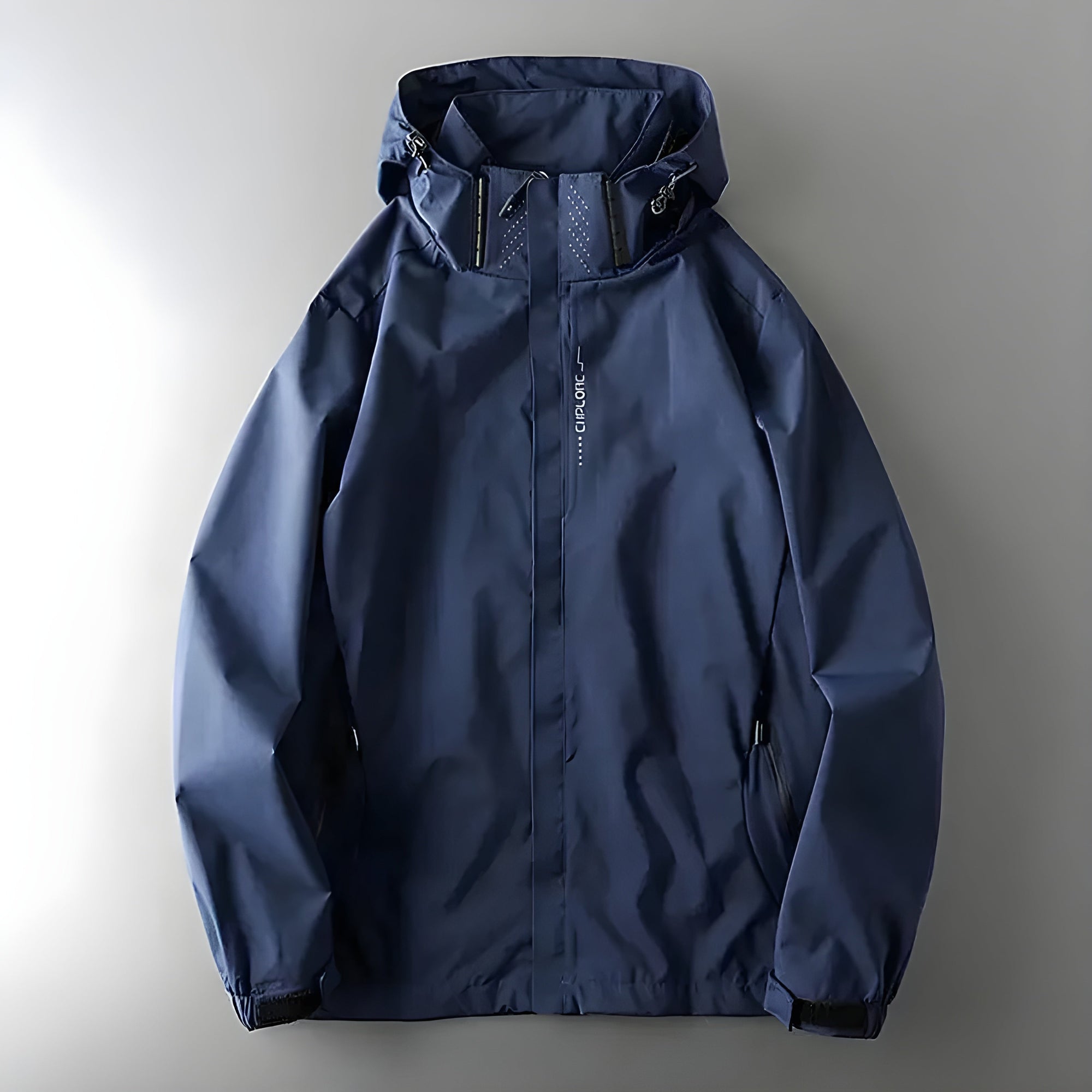 Men's lightweight waterproof hooded windbreaker jacket in neutral tone with streamlined outdoor fit