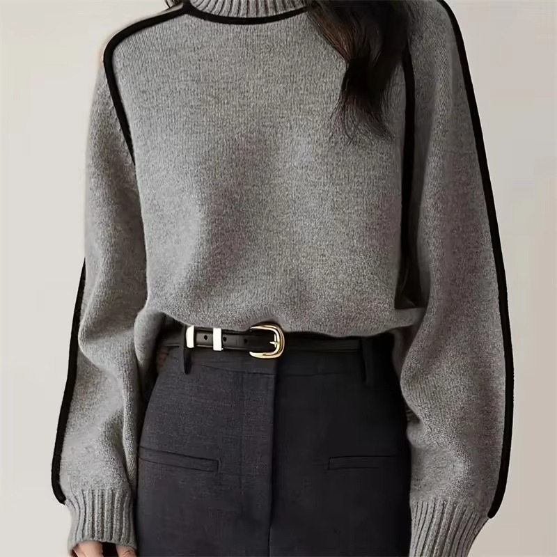Women's striped knit turtleneck sweater, loose fit long sleeve pullover in cozy soft fabric