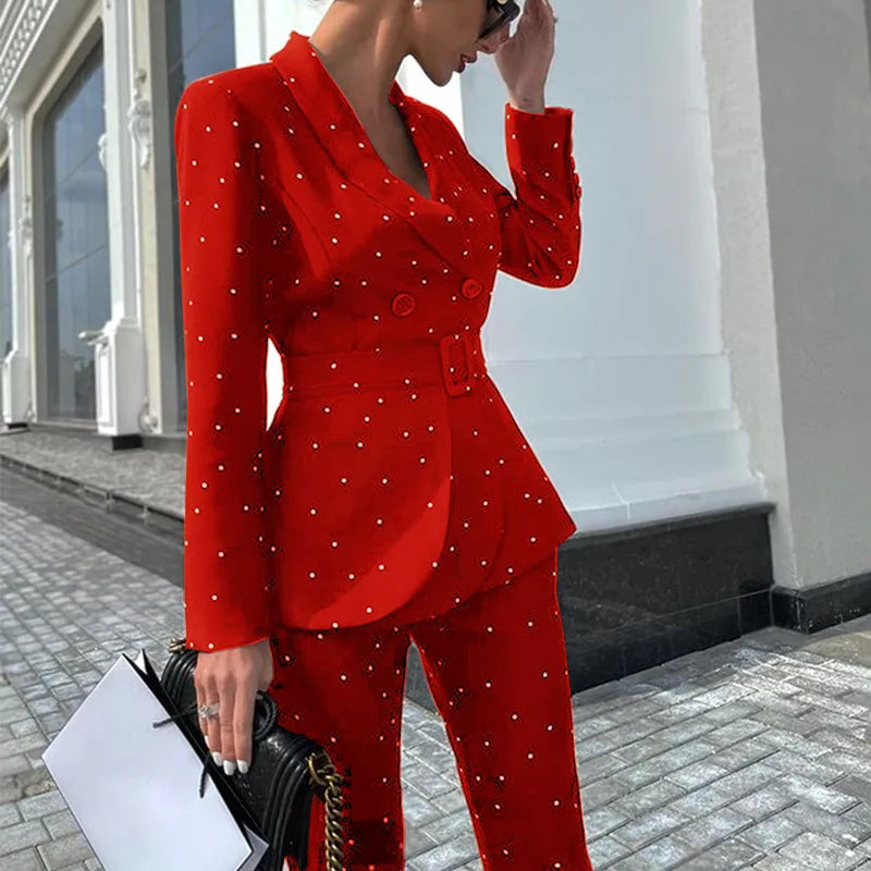 Women's elegant belted double-breasted blazer and pants set in formal coordinated suit style