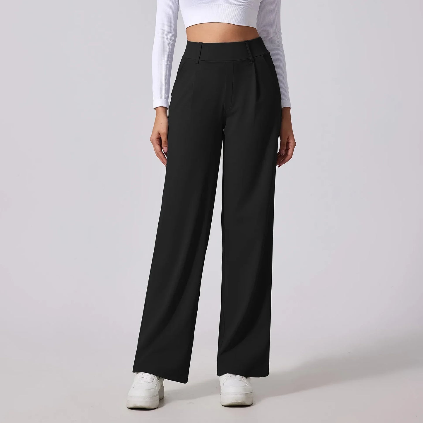 Women's high-waist tailored slacks neutral tone sculpting fit fluid drape professional mono line trousers
