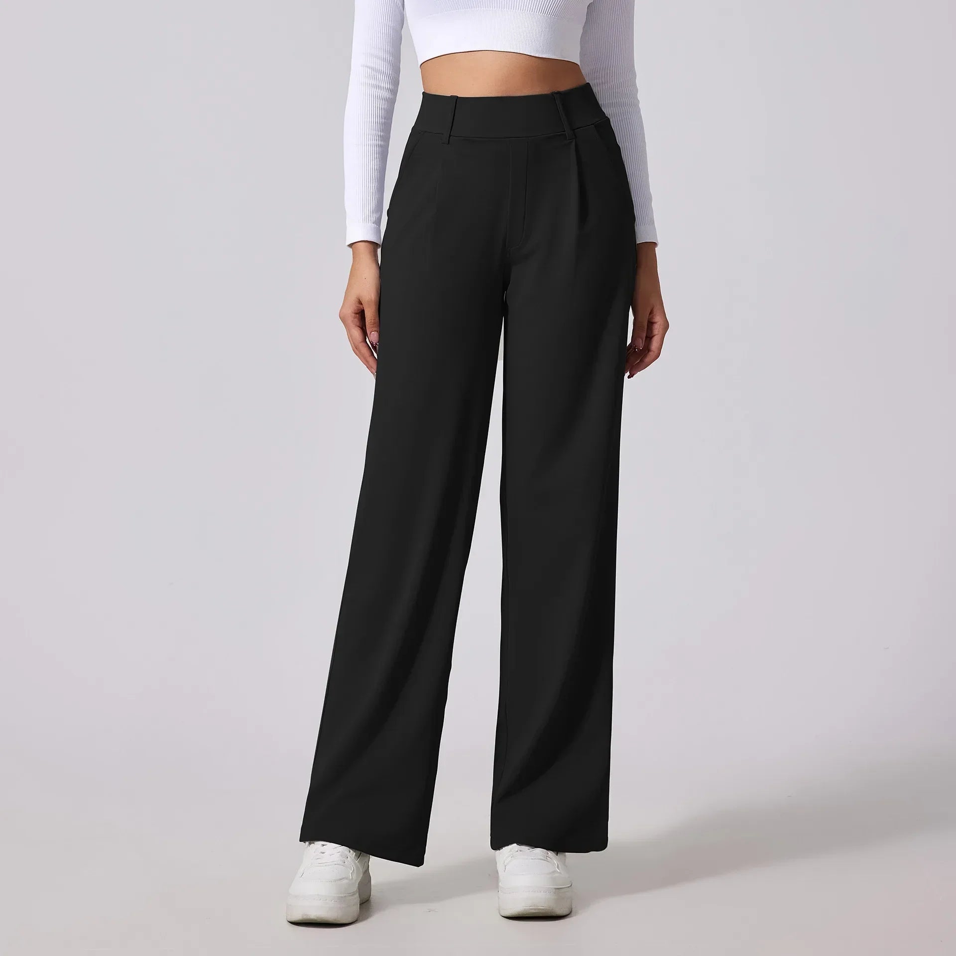 Women's high-waist tailored slacks neutral tone sculpting fit fluid drape professional mono line trousers