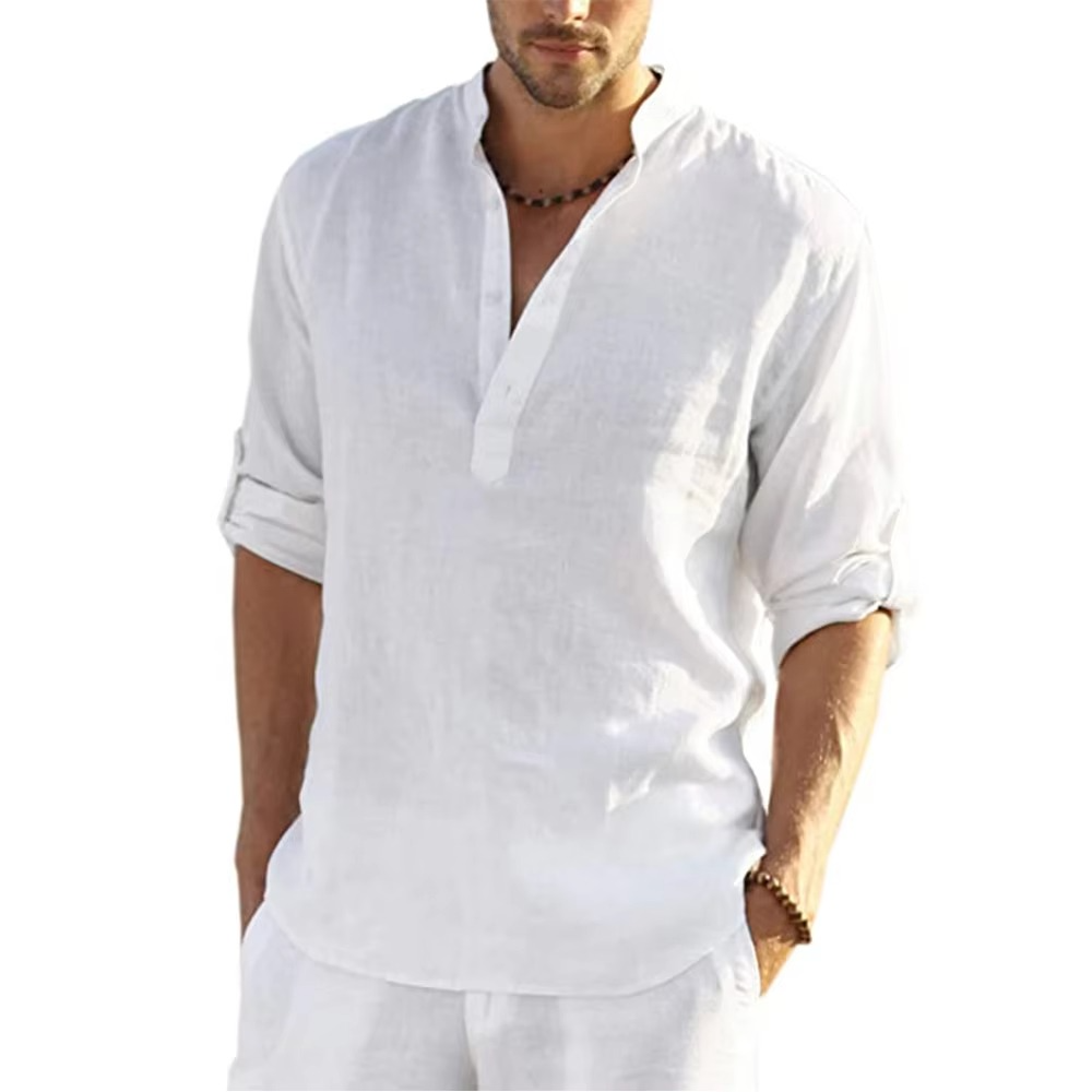 Men's cotton linen casual shirt long sleeve relaxed fit lightweight breathable everyday style
