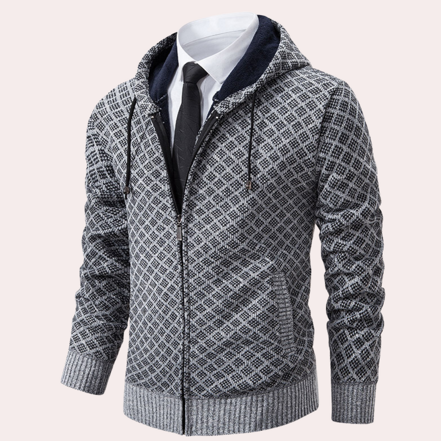 Men's hooded knit cardigan in neutral tones, relaxed silhouette with sustainable soft knit fabric