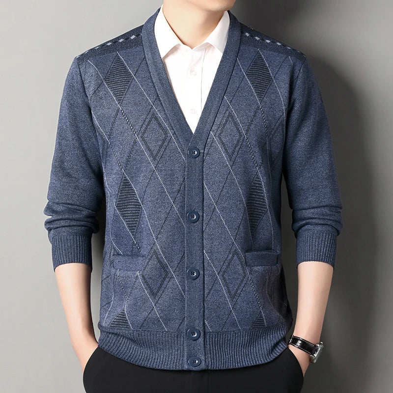 Men's classic check knit cardigan tailored fit soft texture refined office layering essential