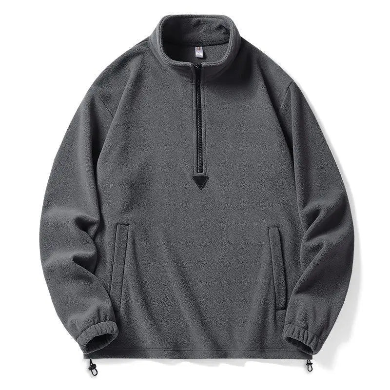 Men's gray windproof fleece sweater with mock neck zip, breathable single-layer warmth for outdoor wear