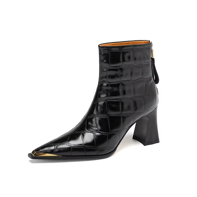 Women's brown genuine leather ankle boots with crocodile-pattern texture, retro block heel, timeless elegant silhouette