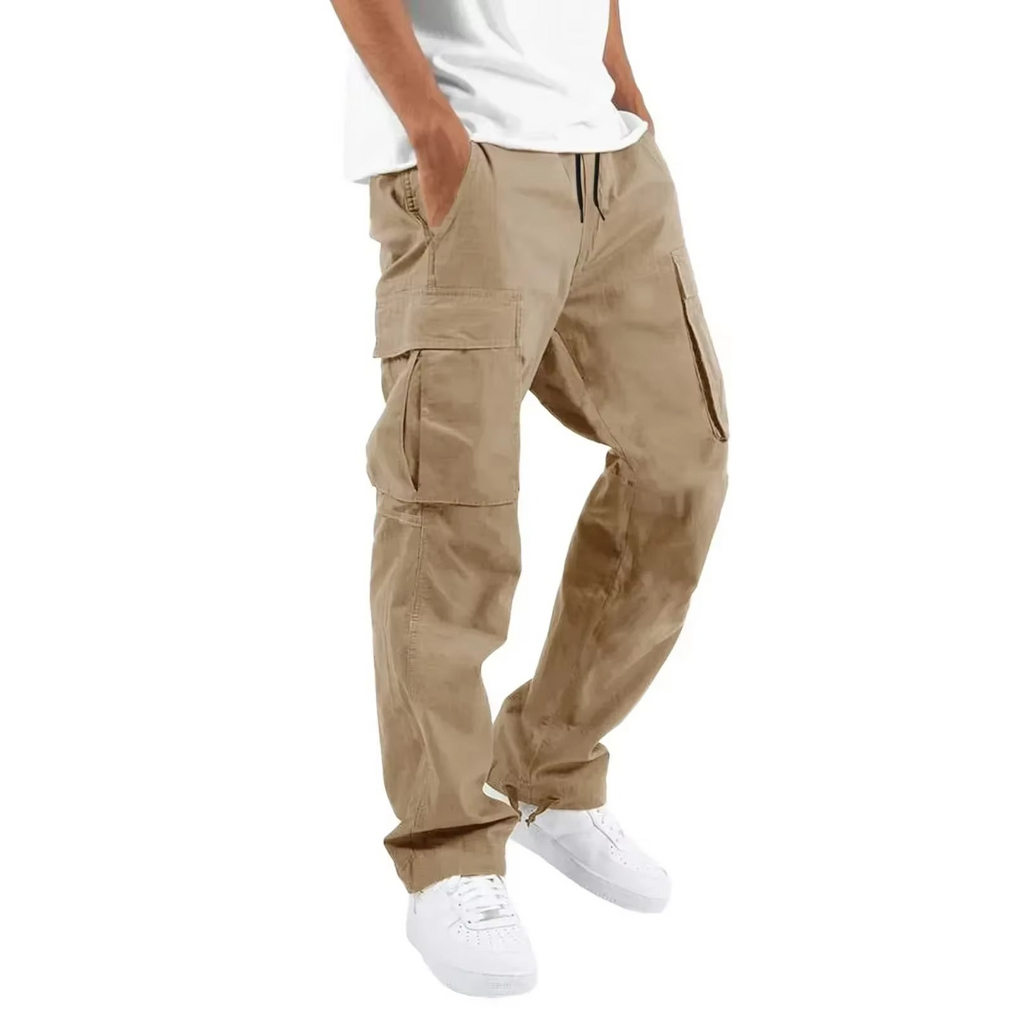Men's olive cargo pants relaxed fit adjustable drawstring waist multi-pocket rugged everyday style