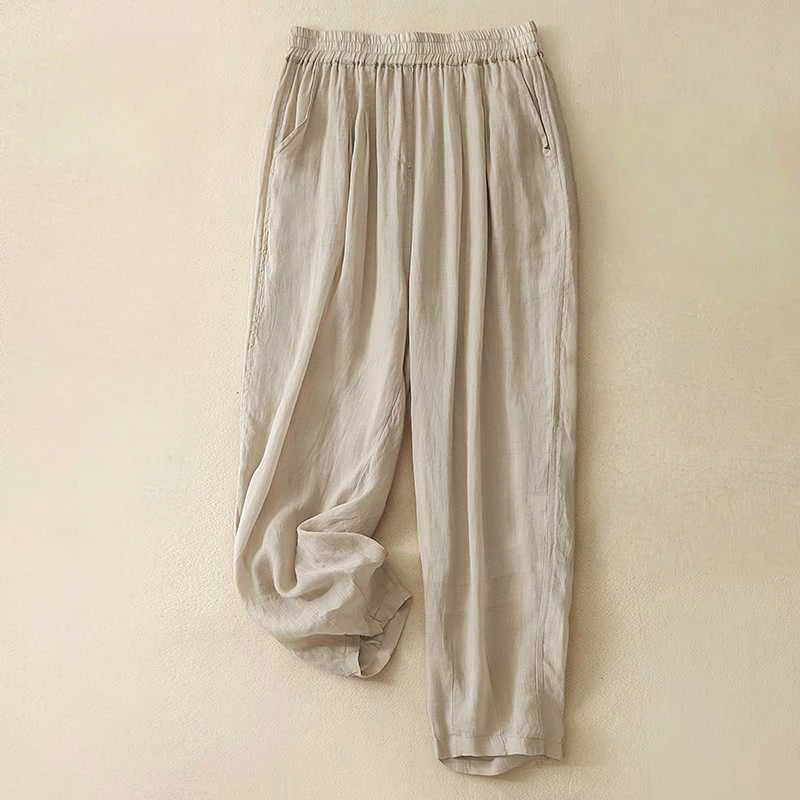 Sage green women's linen blend pants with elastic waist, fluid drape, and side pockets for everyday wear