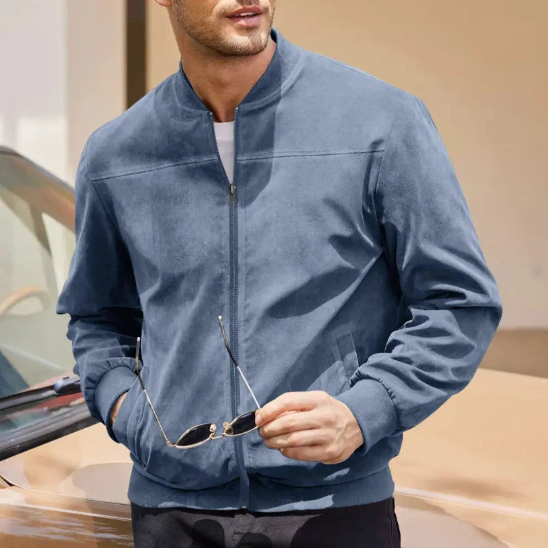 Men's lightweight suede-like bomber jacket in urban style with soft refined texture for layering
