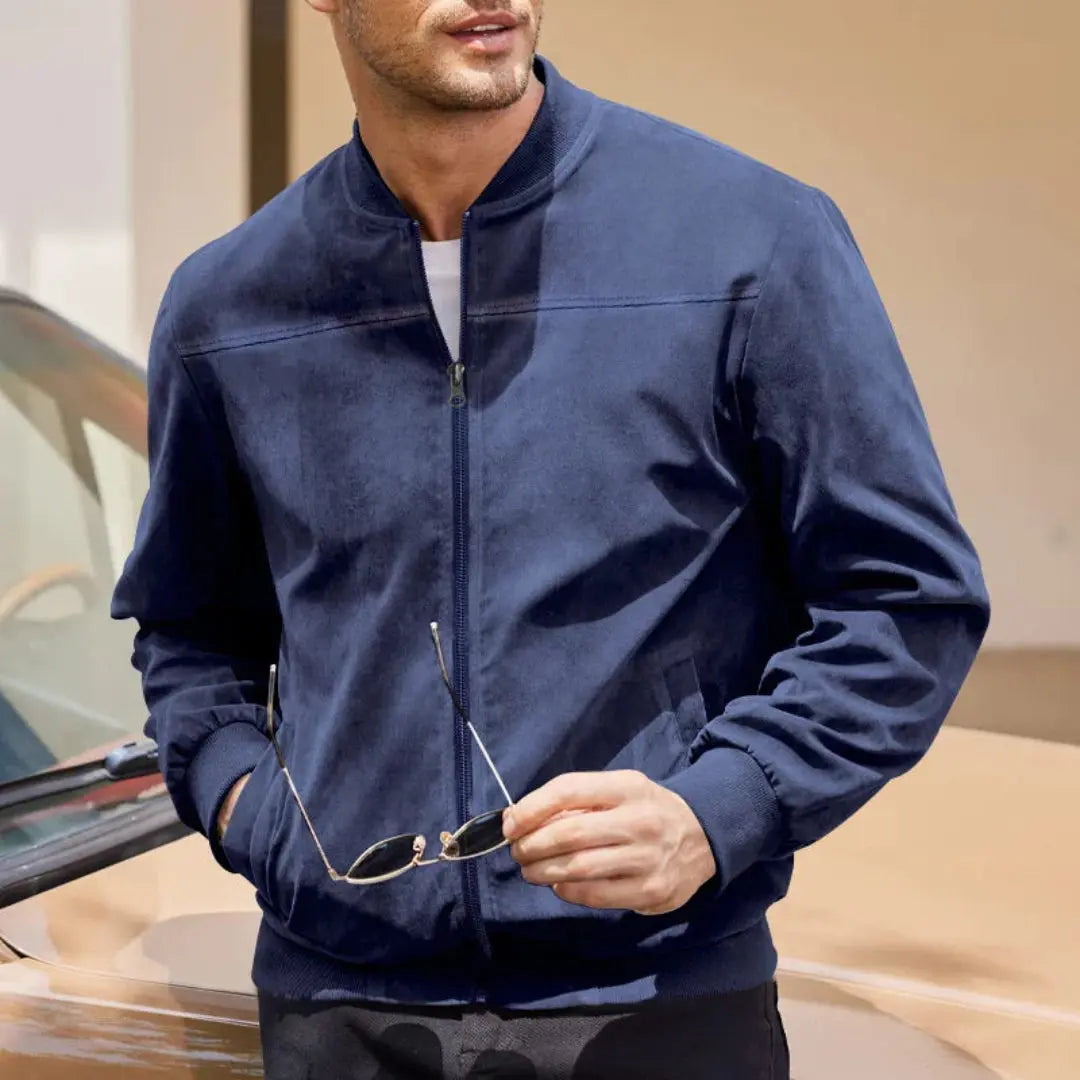 Men's lightweight suede-like bomber jacket in urban style with soft refined texture for layering