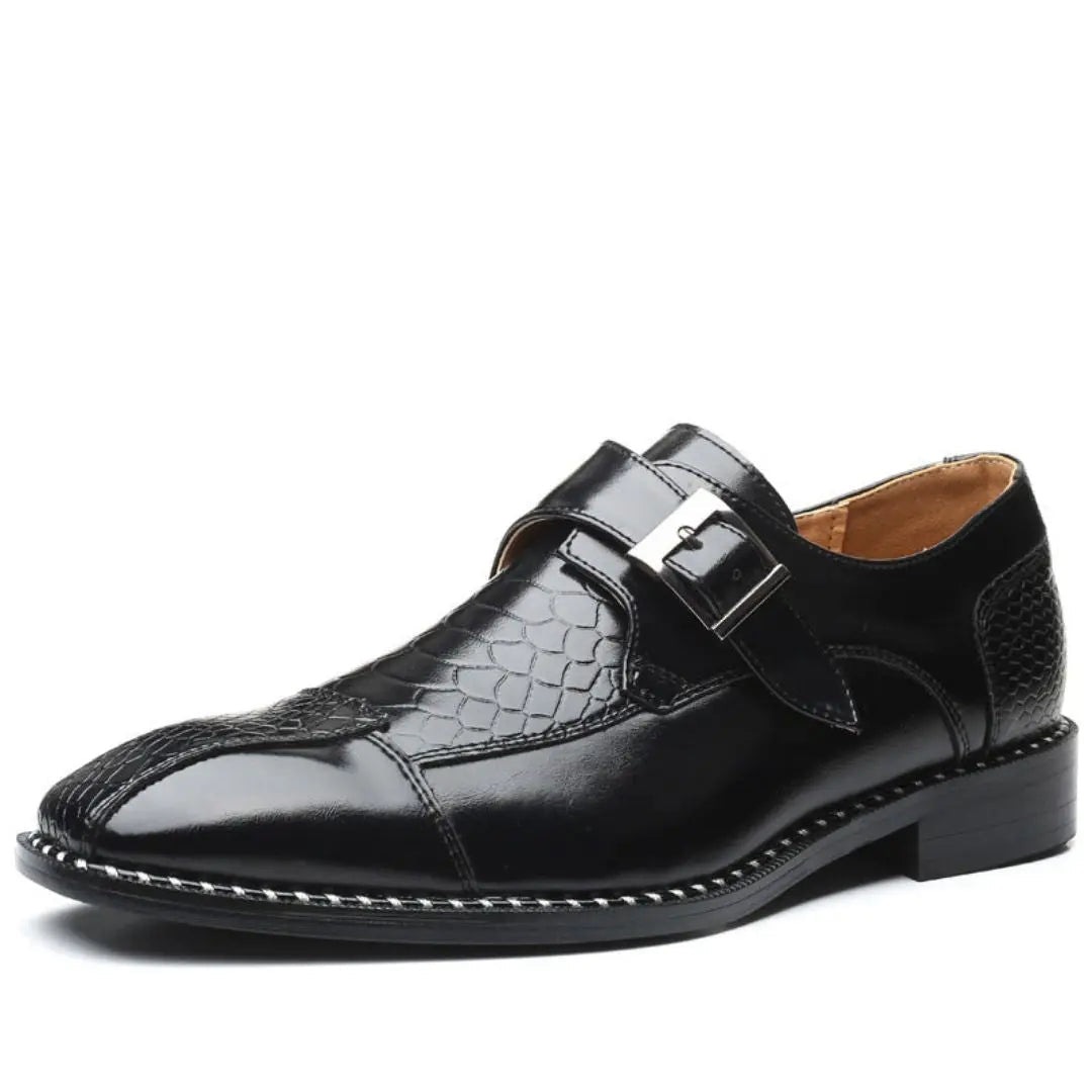Men's black premium leather buckle dress shoes with textured finish and cushioned insole