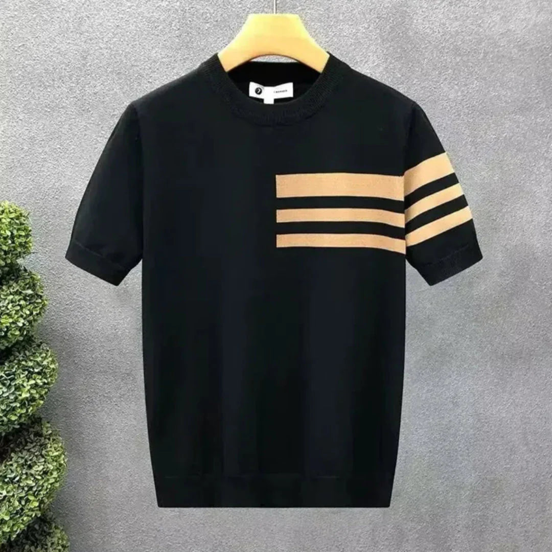 Men's contrast stripe knit tee soft cotton blend bold triple-stripe ribbed crew neck casual style
