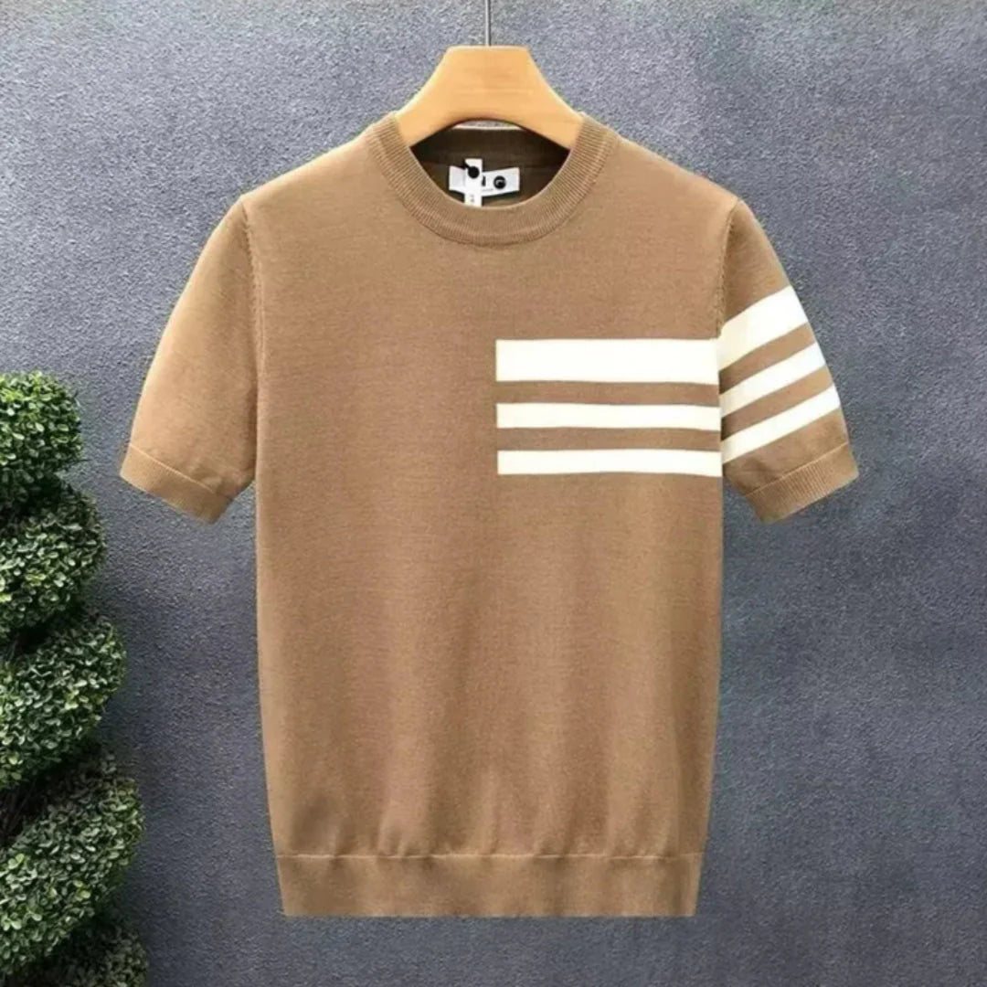 Men's contrast stripe knit tee soft cotton blend bold triple stripe ribbed crew neck casual style