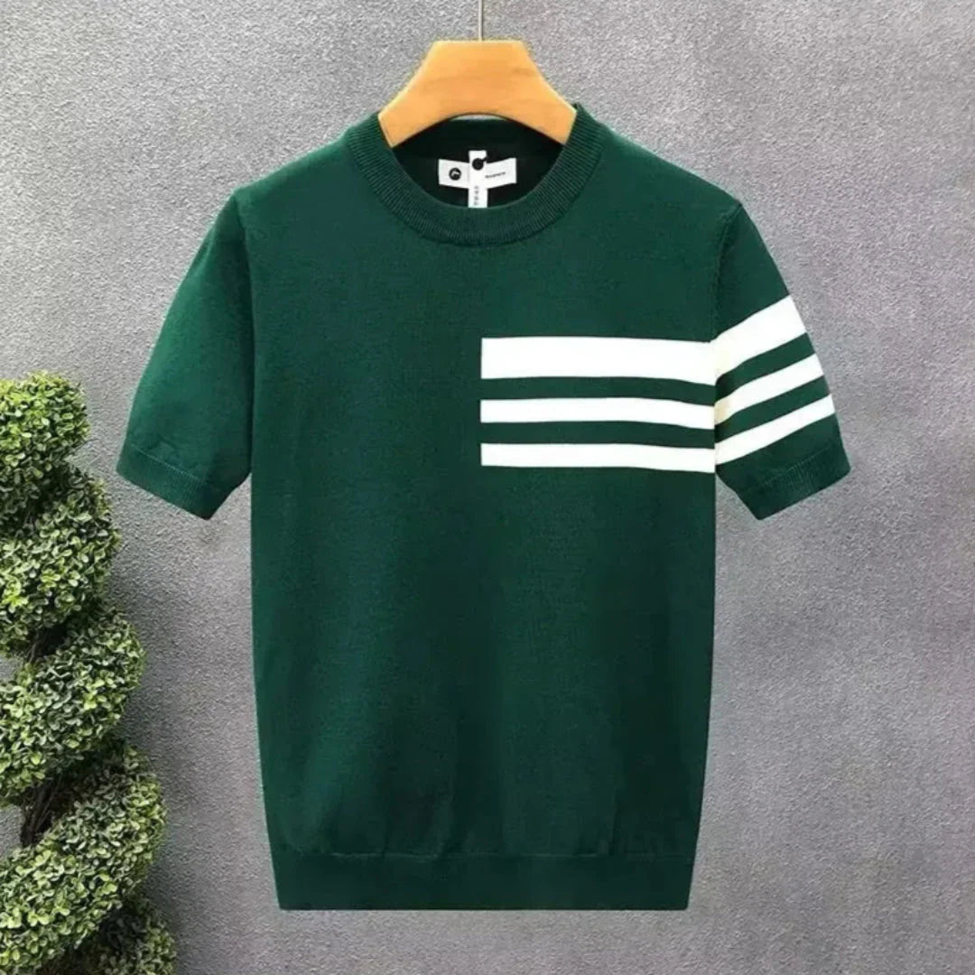 Men's contrast stripe knit tee soft cotton blend bold triple-stripe ribbed crew neck casual style