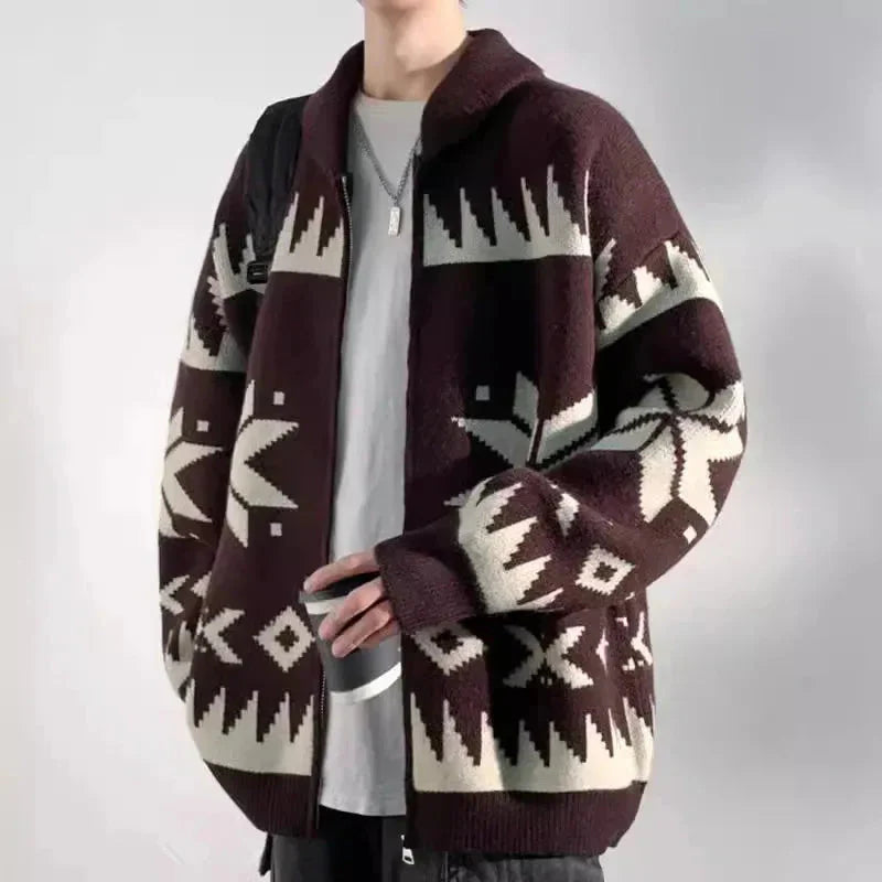 Oversized Nordic geometric knit zip sweater in cozy neutral tones with bold patterned relaxed fit