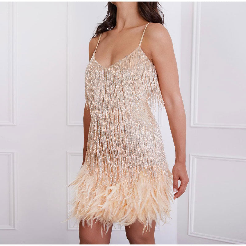 Women's gold sequin fitted cocktail dress with spaghetti straps, Roaring Twenties glamour style