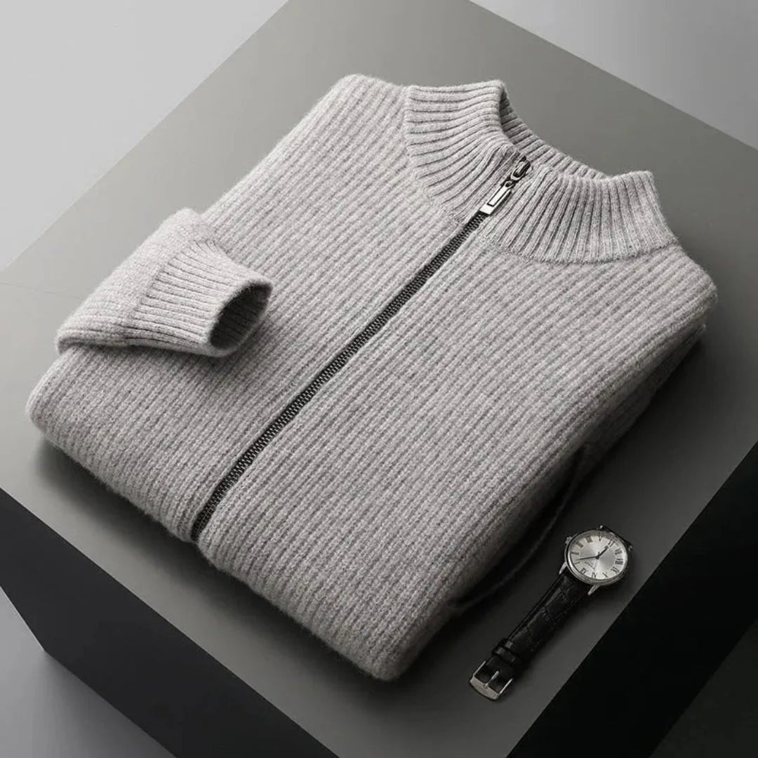 Men's merino wool full-zip matching set in neutral tones, ribbed knit texture, tailored travel-ready silhouette