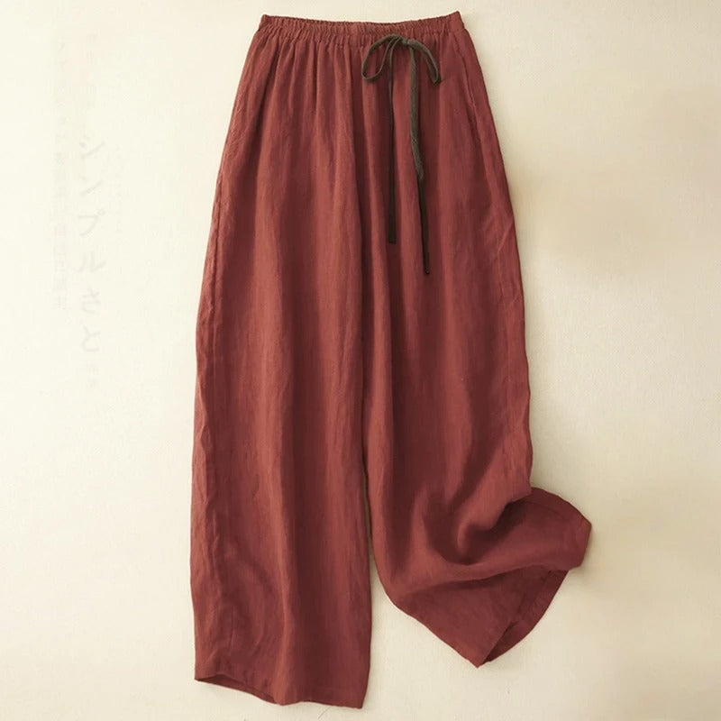 Women's relaxed wide-leg linen blend pants with elastic waistband and contrast drawstring detail