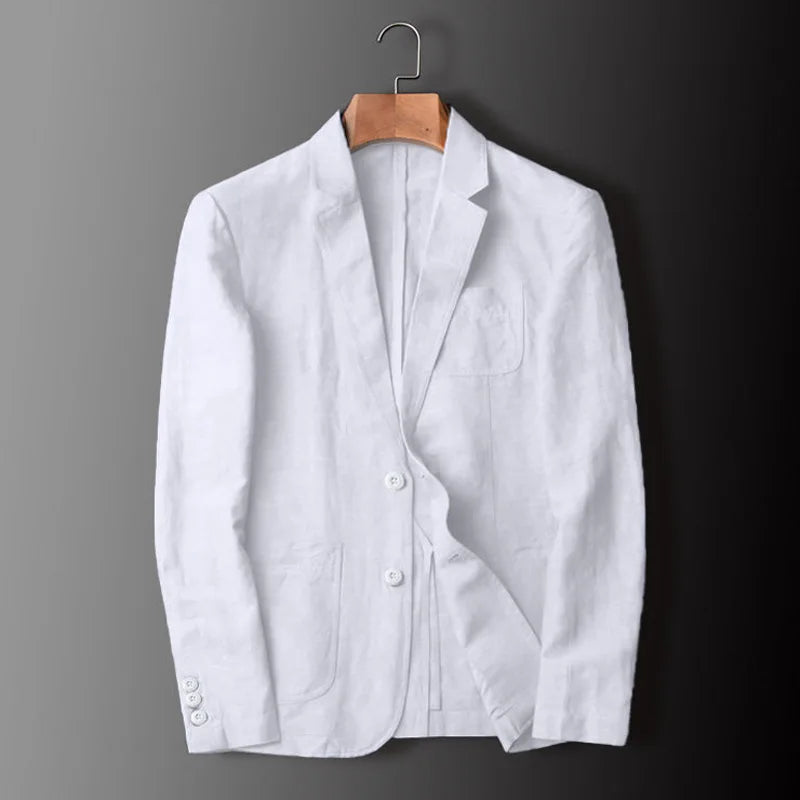 Sandstone linen blazer lightweight tailored fit patch pockets breathable warm weather soft structured silhouette