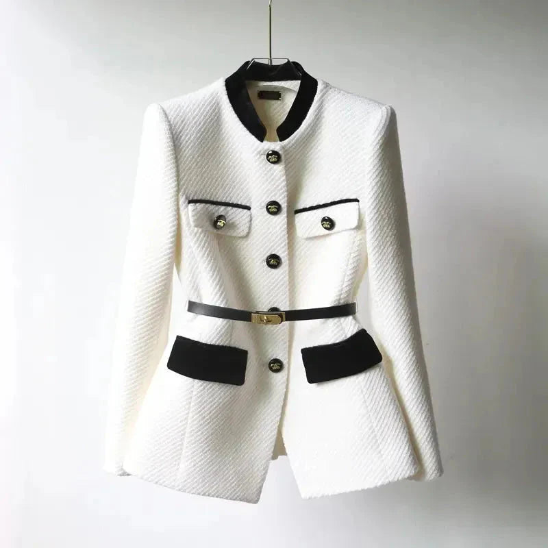 Women's tweed belted blazer cinched waist gold-tone buttons detachable belt structured fit