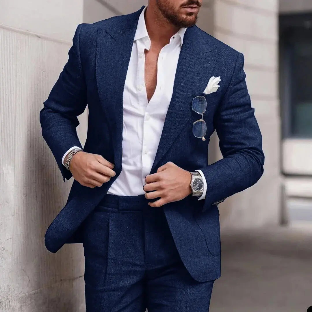 Santino men's navy wool blend tailored two-piece suit slim fit crease-resistant formal office wear